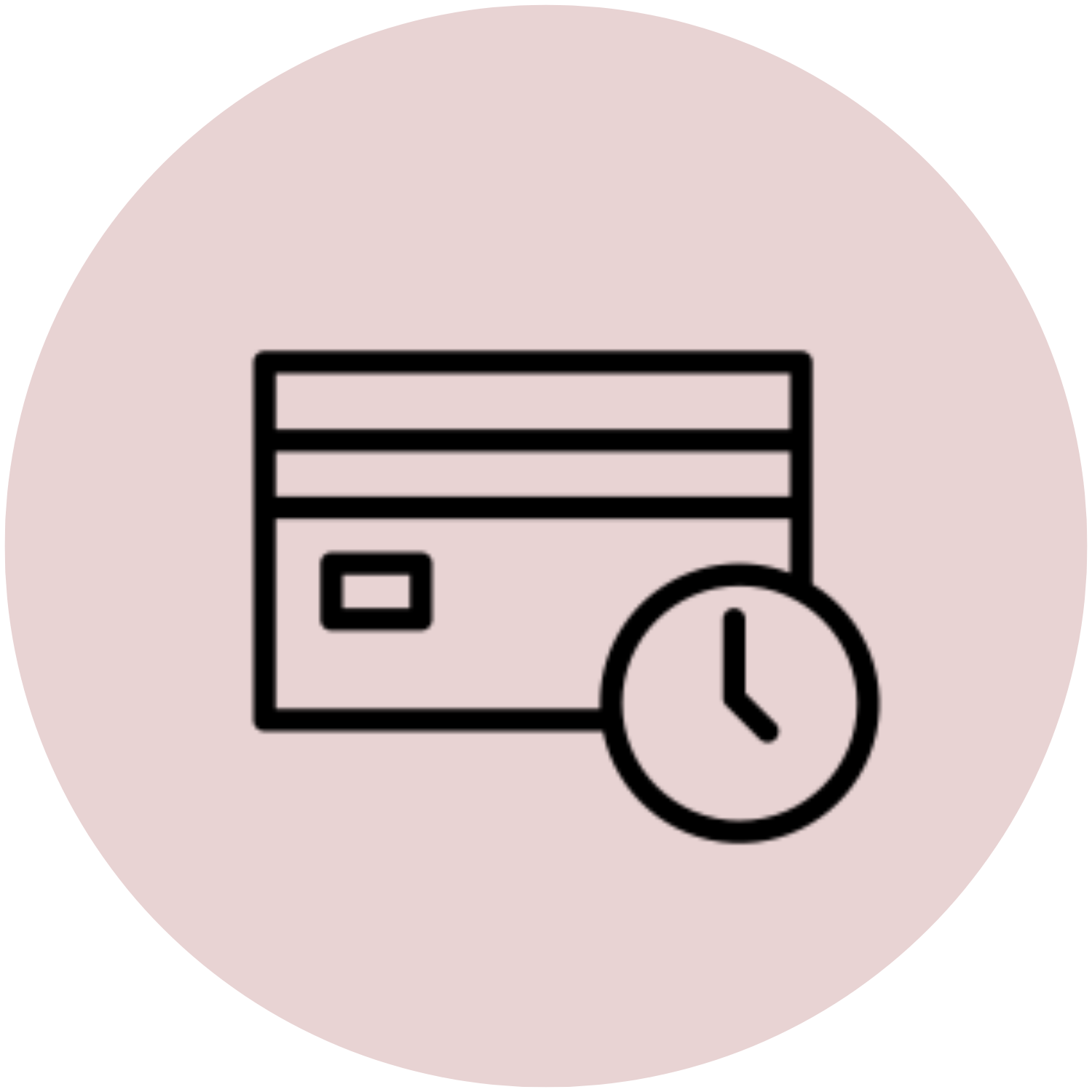 Icon of a credit card and clock on a pink circle. SexySkinz does have flexible payment options.