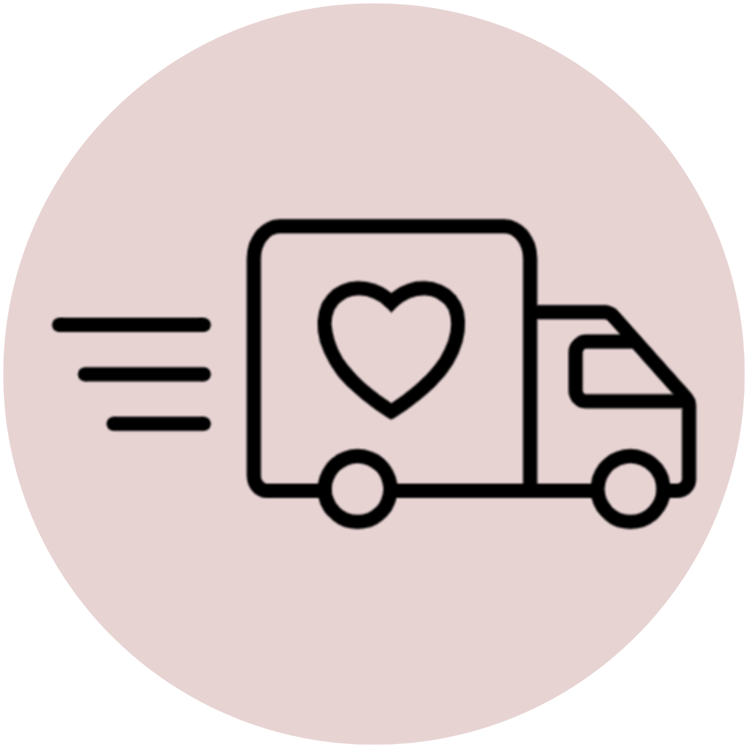 Icon of a delivery truck with a heart symbol on a pink circle. we have free shipping on orders over $60