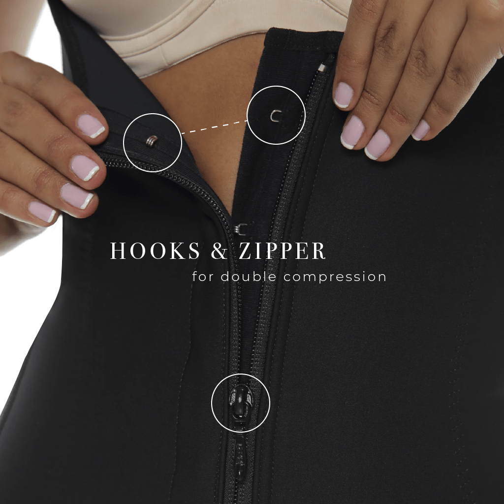 Hooks and zipper for double compression