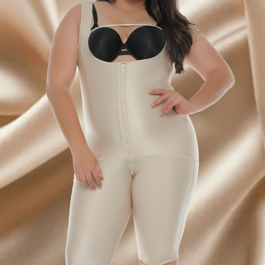 Model wearing SexySkinz® beige Xtreme Silk Colombian shapewear faja with silky-smooth finish, tummy control, and waist sculpting for a seamless look under dresses and everyday outfits.