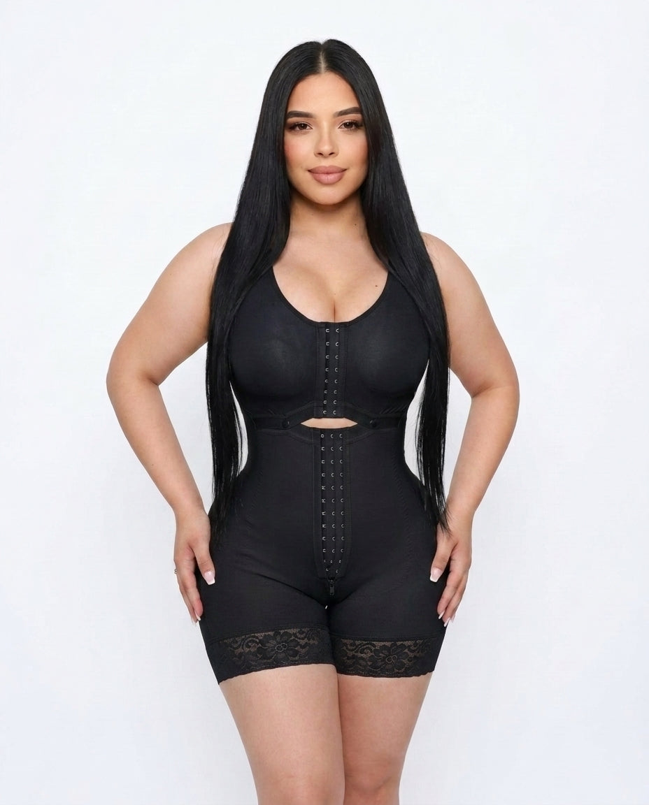 Woman wearing a black shapewear garment on a white background