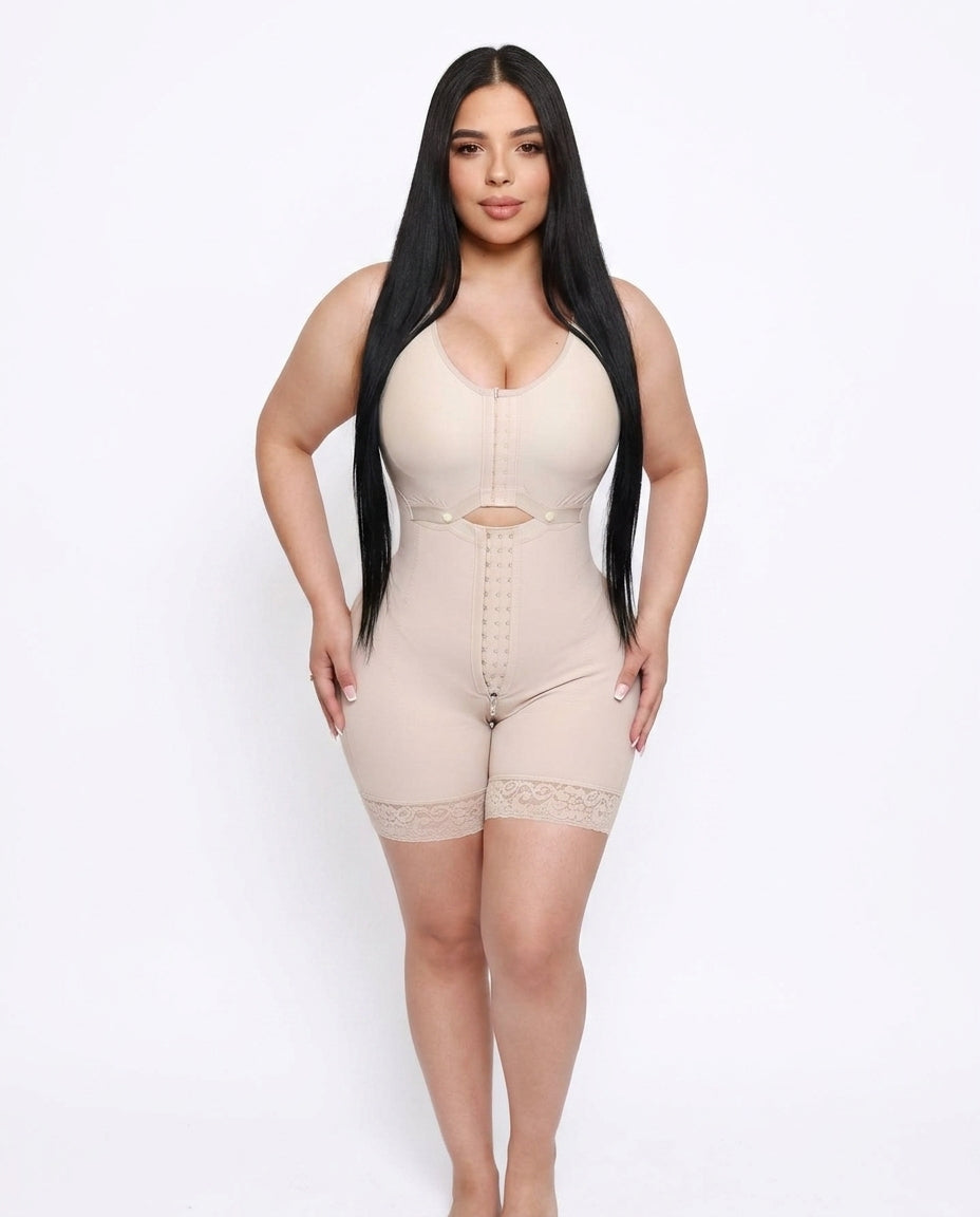 Woman wearing a beige shapewear garment on a white background