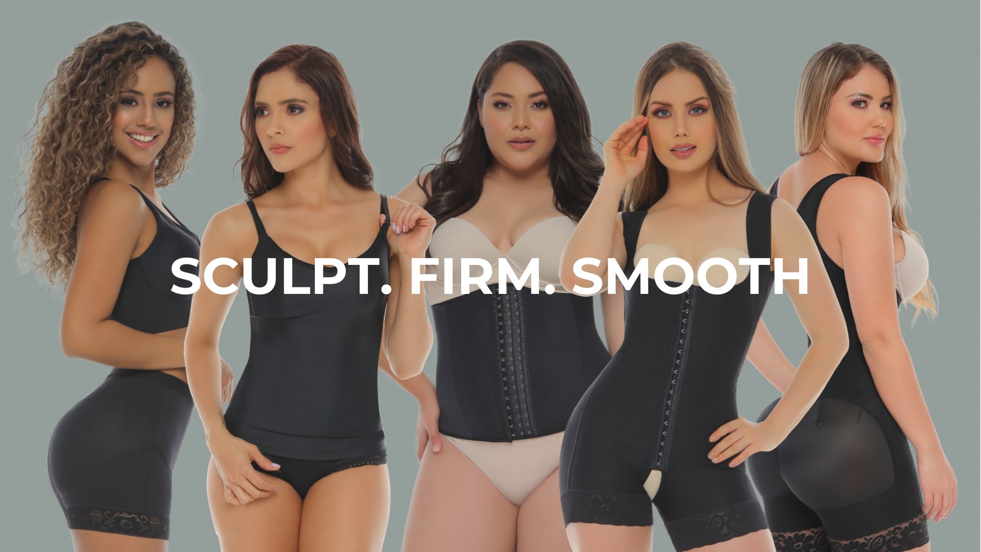 Five women wearing black shapewear with text 'SCULPT. FIRM. SMOOTH' on a gray background. SexySkinz® Colombian shapewear compression levels chart showing light, medium, firm, and extra firm fajas for tummy control, waist shaping, and post-surgery recovery