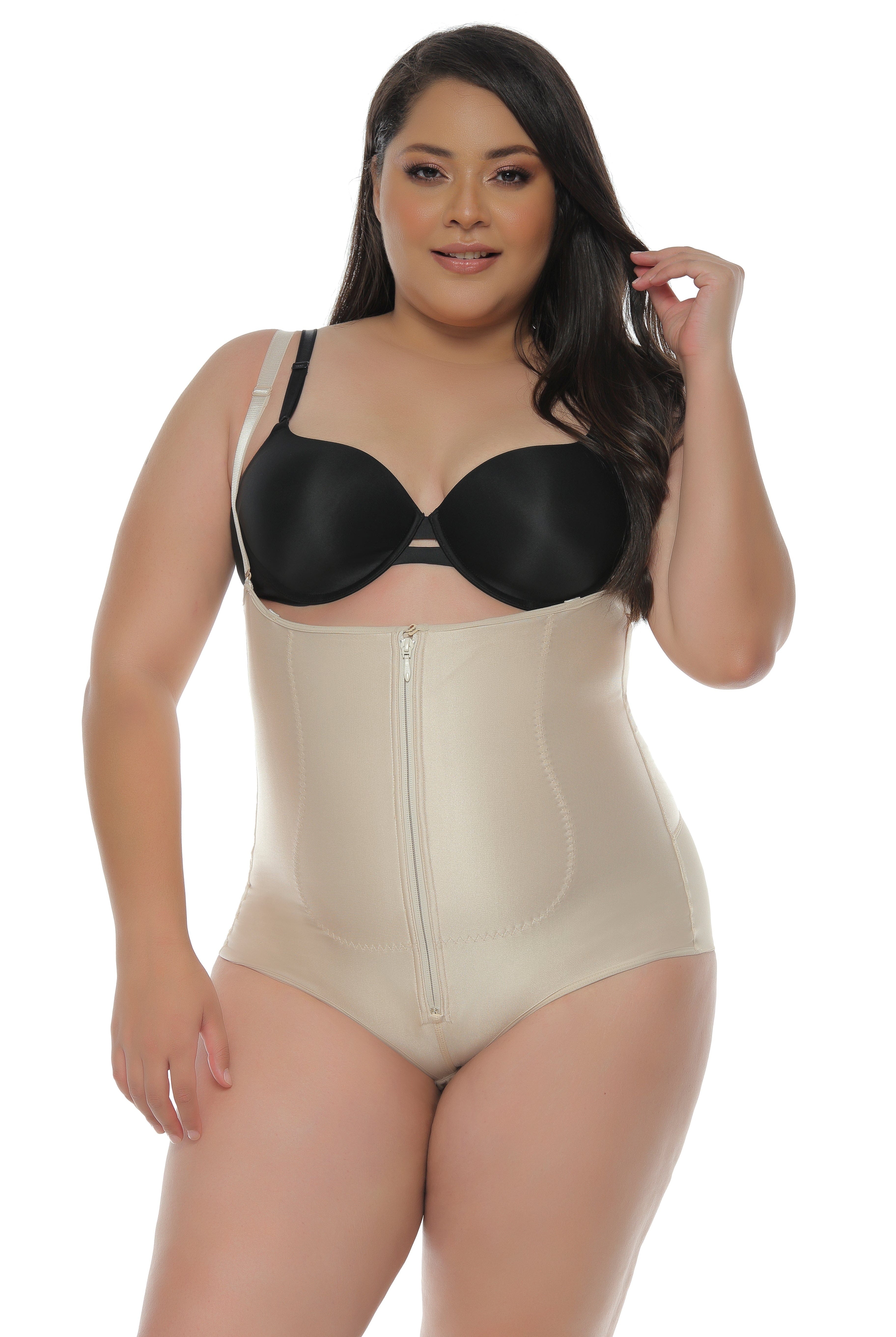 Designed for a no-show, no-flattening look with a ruched center seam for a natural butt-lifting effect.  It has an open bust, wear-your-own bra design.offering firm compression to sculpt your torso and hips. making it comfortable enough to wear all day.